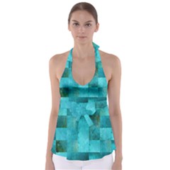 Background Squares Blue Green Babydoll Tankini Top by Nexatart