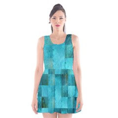 Background Squares Blue Green Scoop Neck Skater Dress by Nexatart