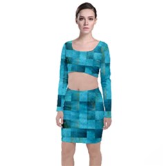 Background Squares Blue Green Long Sleeve Crop Top & Bodycon Skirt Set by Nexatart