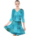 Background Squares Blue Green Quarter Sleeve Front Wrap Dress	 View1