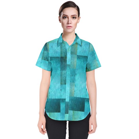 Background Squares Blue Green Women s Short Sleeve Shirt by Nexatart