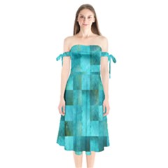 Background Squares Blue Green Shoulder Tie Bardot Midi Dress by Nexatart