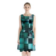 Background Squares Metal Green Sleeveless Waist Tie Chiffon Dress by Nexatart