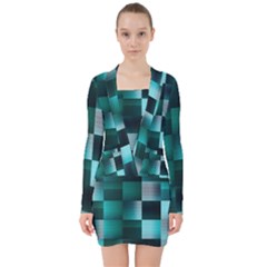 Background Squares Metal Green V-neck Bodycon Long Sleeve Dress