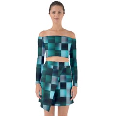 Background Squares Metal Green Off Shoulder Top With Skirt Set by Nexatart