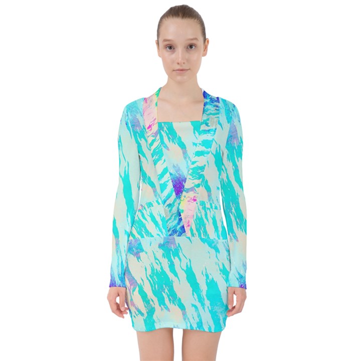 Blue Background Art Abstract Watercolor V-neck Bodycon Long Sleeve Dress