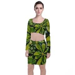 Top View Leaves Long Sleeve Crop Top & Bodycon Skirt Set by dflcprints