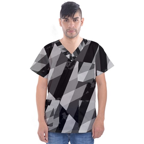 Black And White Grunge Striped Pattern Men s V-neck Scrub Top by dflcprints