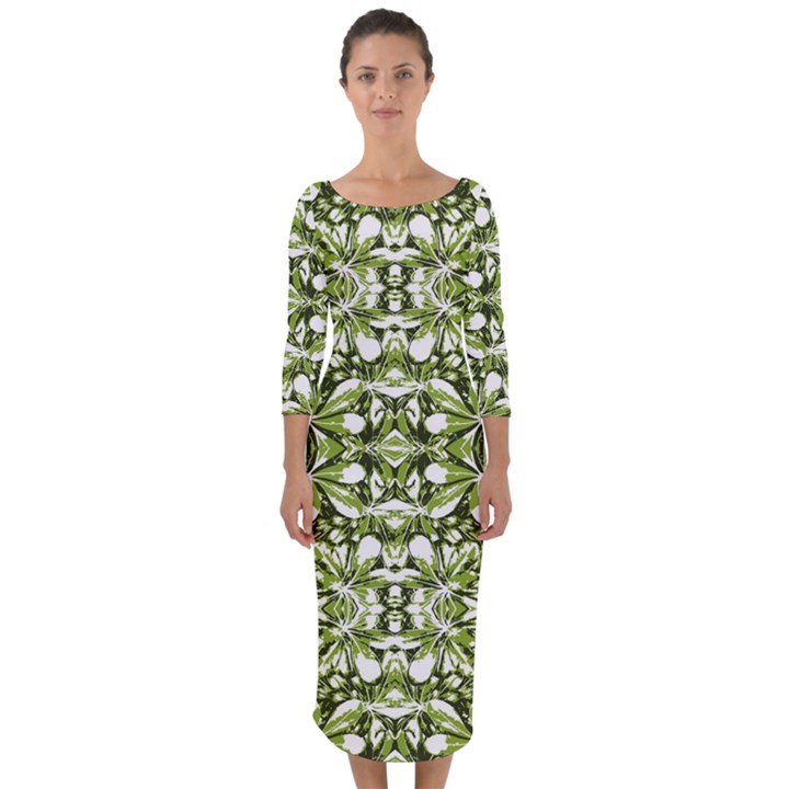 Stylized Nature Print Pattern Quarter Sleeve Midi Bodycon Dress