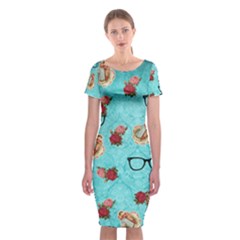 Vintage Glasses Blue Classic Short Sleeve Midi Dress