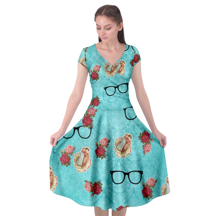 Vintage Glasses Blue Cap Sleeve Wrap Front Dress