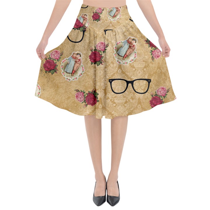 Vintage Glasses Beige Flared Midi Skirt