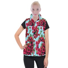 Roses Blue Women s Button Up Puffer Vest