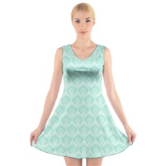 Damask Aqua Green V-neck Sleeveless Skater Dress