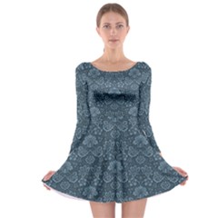 Damask Blue Long Sleeve Skater Dress