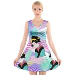 Japanese Abstract V-neck Sleeveless Skater Dress