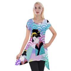 Japanese Abstract Short Sleeve Side Drop Tunic