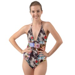 Victorian Collage Halter Cut-out One Piece Swimsuit