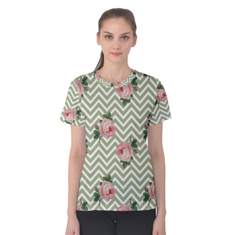 Green Chevron Rose Women s Cotton Tee by snowwhitegirl