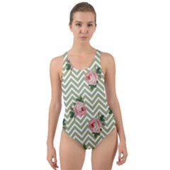 Green Chevron Rose Cut-out Back One Piece Swimsuit