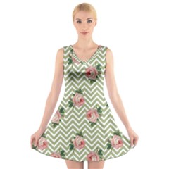 Green Chevron Rose V-neck Sleeveless Skater Dress by snowwhitegirl