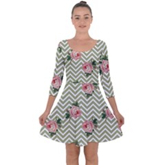 Green Chevron Rose Quarter Sleeve Skater Dress