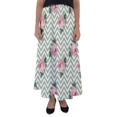 Green Chevron Rose Flared Maxi Skirt