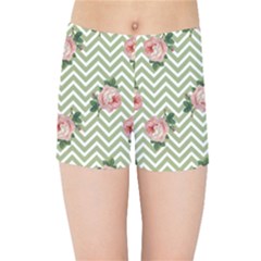 Green Chevron Rose Kids Sports Shorts by snowwhitegirl