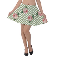 Green Chevron Rose Velvet Skater Skirt