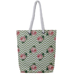 Green Chevron Rose Full Print Rope Handle Tote (small)