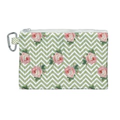 Green Chevron Rose Canvas Cosmetic Bag (large)