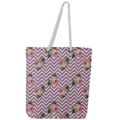 Violet Chevron Rose Full Print Rope Handle Tote (large)