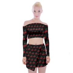 Cherries Black Off Shoulder Top With Mini Skirt Set by snowwhitegirl