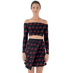 Cherries Black Off Shoulder Top With Skirt Set