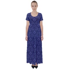 Damask Purple High Waist Short Sleeve Maxi Dress