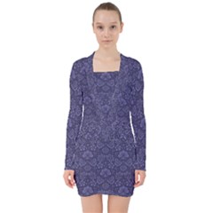 Damask Purple V-neck Bodycon Long Sleeve Dress