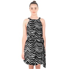 Dark Abstract Pattern Halter Collar Waist Tie Chiffon Dress by dflcprints