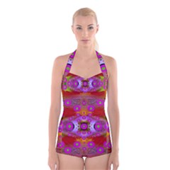 Shimmering Pond With Lotus Bloom Boyleg Halter Swimsuit  by pepitasart