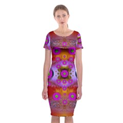 Shimmering Pond With Lotus Bloom Classic Short Sleeve Midi Dress by pepitasart