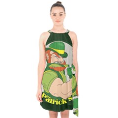 St  Patricks Day Halter Collar Waist Tie Chiffon Dress