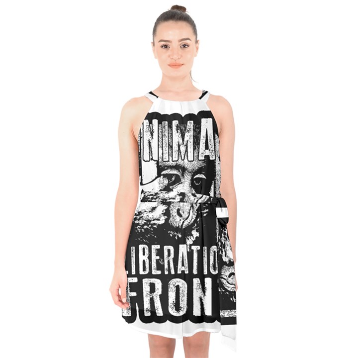 Animal Liberation Front - Chimpanzee  Halter Collar Waist Tie Chiffon Dress