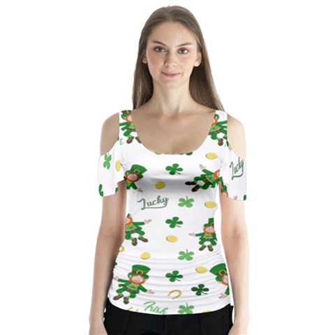 St Patricks Day Pattern Butterfly Sleeve Cutout Tee  by Valentinaart