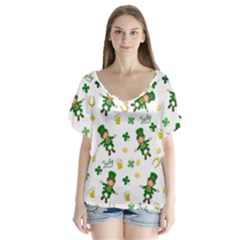 St Patricks Day Pattern V-neck Flutter Sleeve Top by Valentinaart