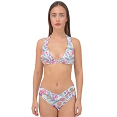 Purple And Pink Cute Floral Pattern Double Strap Halter Bikini Set