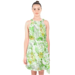 Light Floral Collage  Halter Collar Waist Tie Chiffon Dress by dflcprints