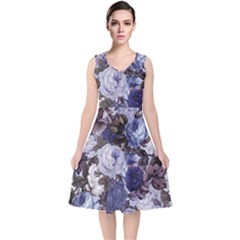 Rose Bushes Blue V-neck Midi Sleeveless Dress  by snowwhitegirl