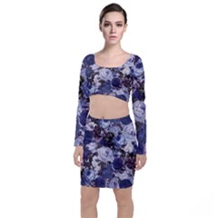 Rose Bushes Blue Long Sleeve Crop Top & Bodycon Skirt Set