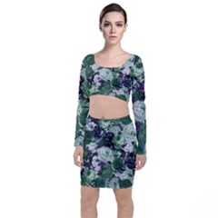 Rose Bushes Green Long Sleeve Crop Top & Bodycon Skirt Set