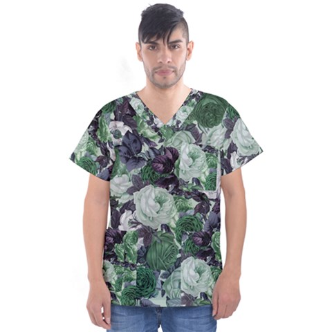 Rose Bushes Green Men s V-neck Scrub Top by snowwhitegirl