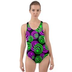 Neon Green And Pink Circles Cut-out Back One Piece Swimsuit by PodArtist